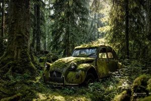 Citroën 2CV abandonnée recouverte de mousse au cœur d’une forêt, photographie fine art mêlant automobile et nature.