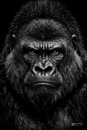 Portrait en noir et blanc d’un gorille au regard intense sur fond sombre, photographie fine art animalière.