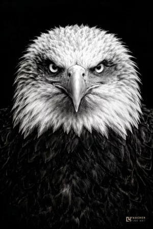 Portrait en noir et blanc d’un aigle, regard perçant, plumage détaillé, fond noir minimaliste.