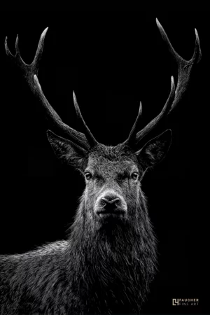 Portrait en noir et blanc d’un cerf aux bois majestueux sur fond sombre, photographie fine art animalière.