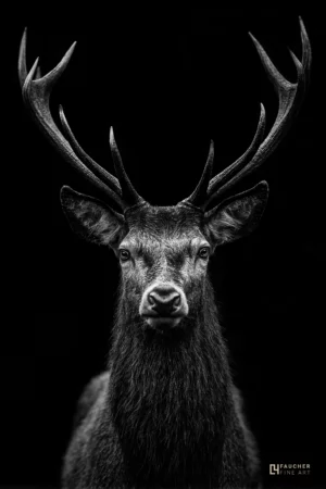 Portrait en noir et blanc d’un cerf aux grands bois, regard calme et puissant, fond noir profond, style Fine Art.