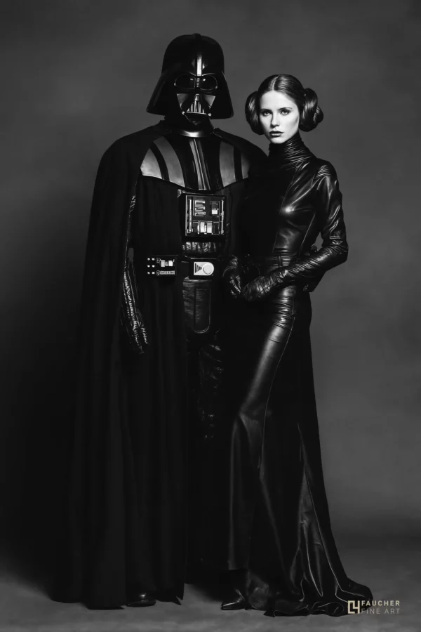 Portrait artistique en noir et blanc inspiré de l’univers science-fiction, personnages iconiques vêtus de noir dans une atmosphère sombre et élégante.