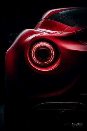 Détail du feu arrière circulaire d’une voiture de collection rouge sur fond sombre, photographie fine art automobile.
