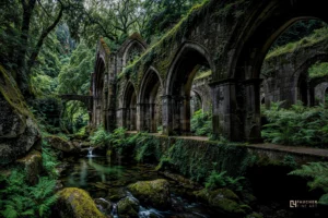 Église en ruine en pierre avec arches recouvertes de mousse et de végétation, photographie fine art dans un environnement naturel luxuriant.