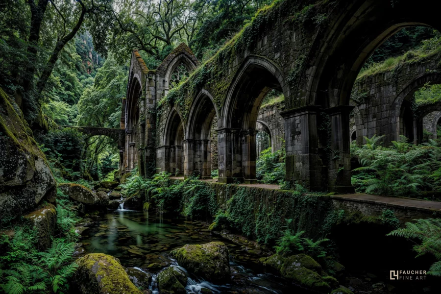 Église en ruine en pierre avec arches recouvertes de mousse et de végétation, photographie fine art dans un environnement naturel luxuriant.