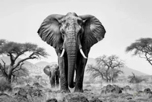 Éléphant d’Afrique marchant dans la savane en noir et blanc, photographie fine art animalière.