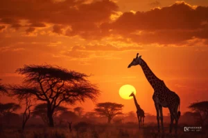 Girafes se détachant en silhouette dans la savane africaine au coucher de soleil, photographie fine art animalière.