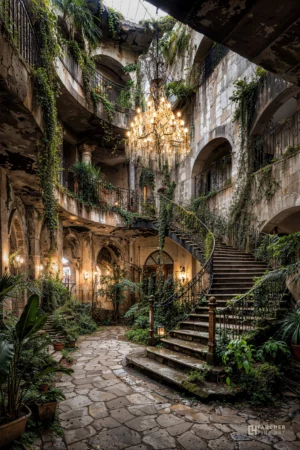 Hacienda abandonnée avec escalier monumental et lustre ancien, envahie par la végétation, photographie fine art de style urbex.
