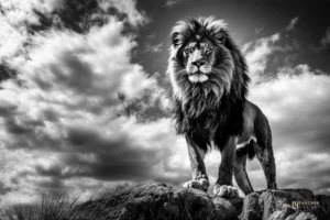 Lion majestueux debout sur un rocher sous un ciel nuageux, photographie fine art en noir et blanc animalière.