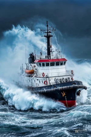 Navire affrontant une violente tempête en pleine mer, vagues puissantes et ciel sombre.
