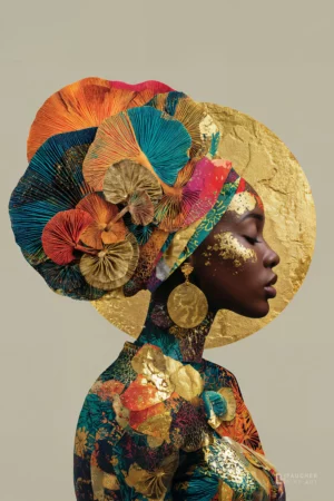 Portrait Fine Art d’une femme de profil, composition artistique mêlant textures dorées, motifs floraux et champignons stylisés, palette or, turquoise et ocre, fond beige épuré.