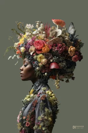 Portrait Fine Art d’une femme de profil ornée d’une coiffe florale spectaculaire, fleurs et végétaux colorés, fond vert doux, style artistique et élégant.