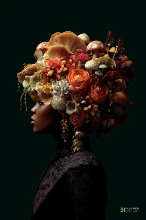 Portrait Fine Art d’une femme de profil, coiffe végétale composée de fleurs et champignons aux tons chauds, fond vert sombre, ambiance poétique et élégante.