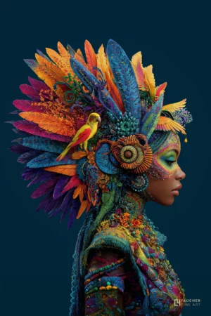 Portrait Fine Art d’une femme de profil, coiffe majestueuse de plumes multicolores et éléments végétaux, fond bleu profond, style artistique et onirique.