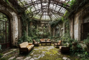 Salon abandonné installé dans une ancienne serre en ruine, envahie par la végétation, photographie fine art de style urbex.