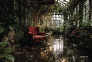 Serre abandonnée envahie par la végétation avec un fauteuil rouge posé dans l’eau, photographie fine art au style urbex et poétique.