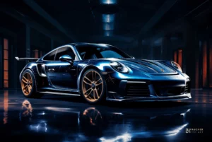 Voiture sportive de luxe photographiée en intérieur avec éclairage nocturne et reflets au sol, photographie fine art automobile.