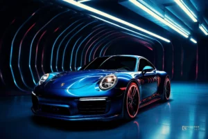 Voiture sportive premium bleue photographiée dans un tunnel lumineux futuriste, photographie fine art automobile.