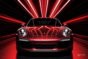 Voiture sportive rouge photographiée de face avec des lignes lumineuses dynamiques, photographie fine art automobile.