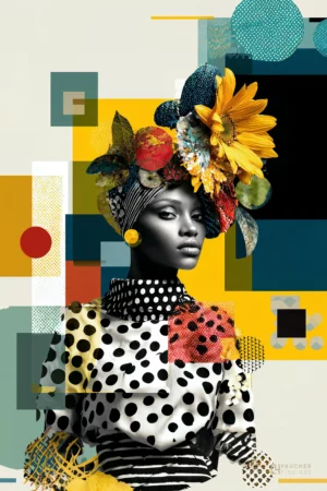 Portrait Fine Art d’une femme en noir et blanc avec coiffe florale colorée et composition graphique abstraite aux formes géométriques. A découvrire à la galerie Faucher chateaugiron rennes