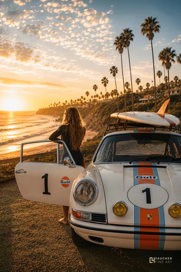 Porsche 911 Gulf blanche avec une planche de surf sur le toit au coucher du soleil face à l'océan Pacifique en Californie.