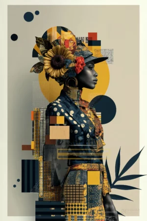 Portrait artistique de profil d’une femme entourée de fleurs et de formes géométriques jaunes, noires et ocre sur fond beige.