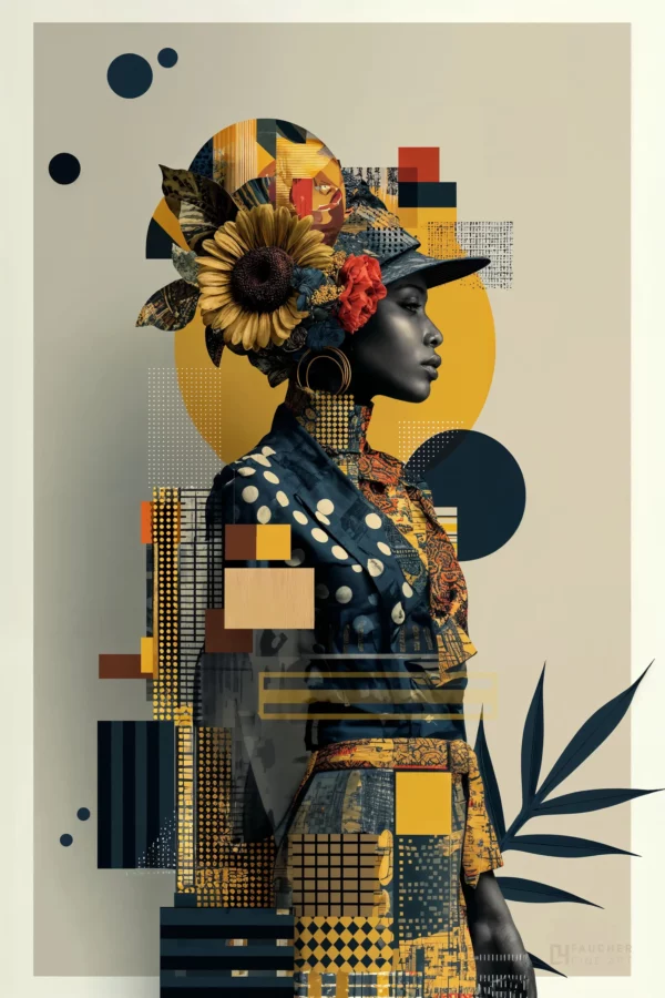 Portrait artistique de profil d’une femme entourée de fleurs et de formes géométriques jaunes, noires et ocre sur fond beige.